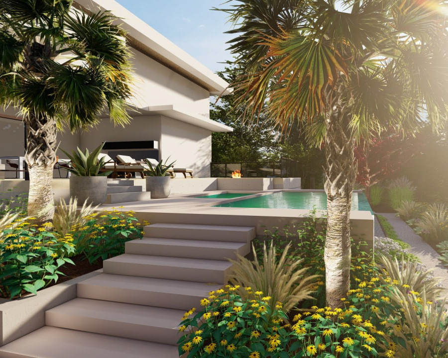 A renderings of The British properties project showing a pool with palm trees.